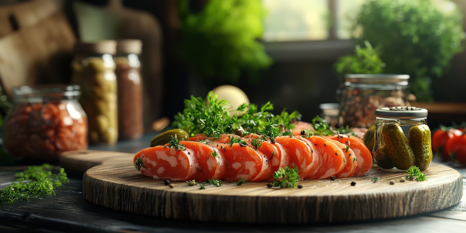 Freshly sliced cured meat garnished with herbs and pickles in a cozy kitchen setting with jars of spices in the background